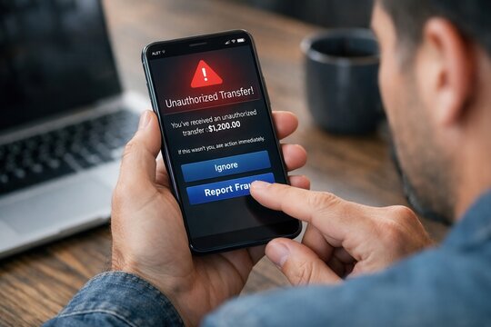 Man receiving smartphone banking fraud alert warning about unauthorized transfer and online scam