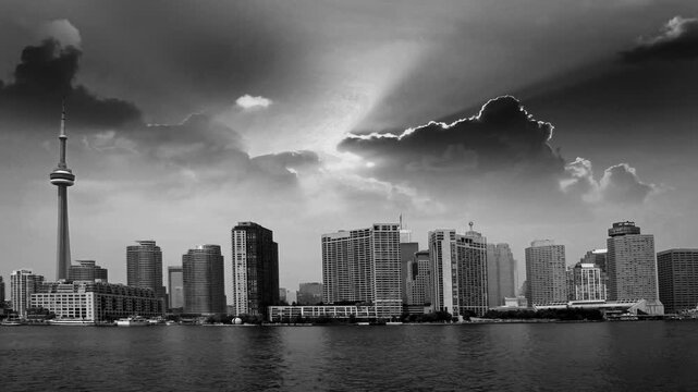 Old style black and white movie of. Toronto skyline in 2005 . Canada 