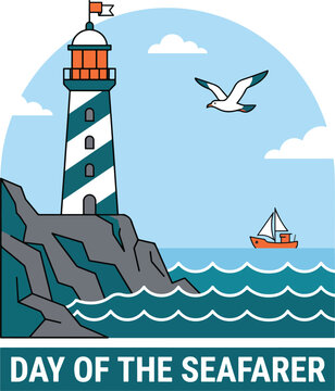 A scenic image depicting a vibrant lighthouse perched atop rocky cliffs, overlooking the dynamic ocean waves with a sailing vessel in the distance and a seagull flying overhead under a bright