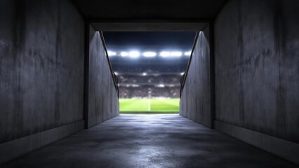 Fototapeta premium Stadium tunnel leading to the football field is brightly lit at night.