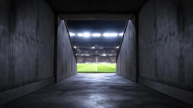 Stadium tunnel leading to the football field is brightly lit at night.