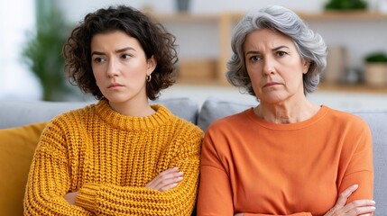 Naklejka premium Two women with arms crossed looking upset on a sofa, generational conflict