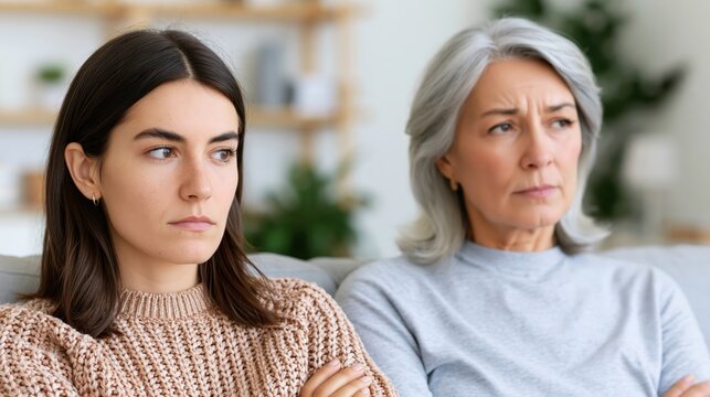 Two women of different generations looking away with serious expressions on their faces