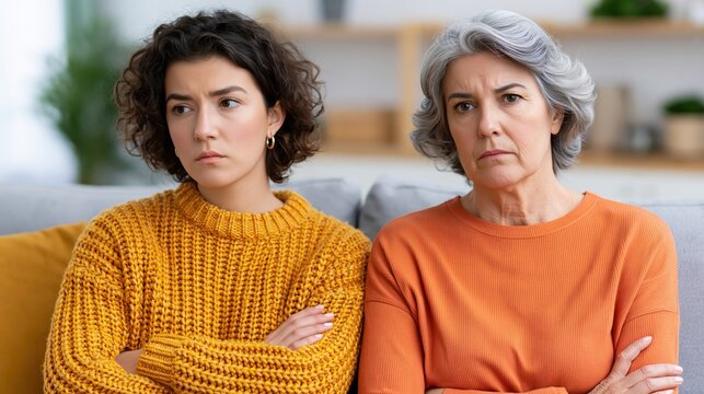 Two women with arms crossed looking upset on a sofa, generational conflict