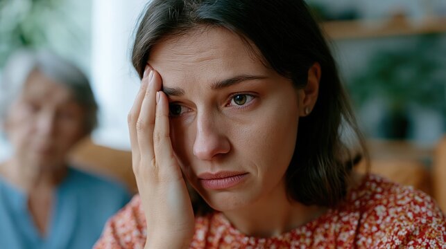 Young woman with dark hair covers her face with one hand, looking distressed