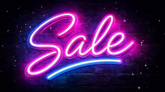 Neon sale sign glowing in pink and blue lights on dark background for retail promotion display