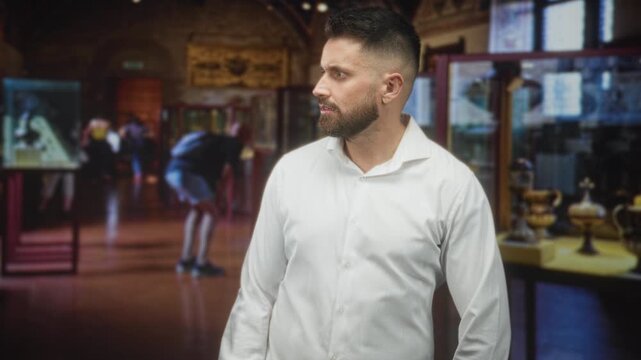 Man with beard in white shirt looking right at glass display case in historic museum building, hands relaxed by side; quiet curiosity.