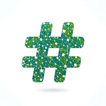 A large green hashtag symbol composed of small white dots and triangles on a plain white background