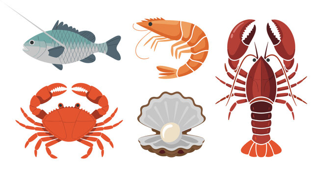 Seafood selection including a fish, shrimp, lobster, crab, and an open oyster shell with a pearl for culinary, restaurant, or marine biology menu presentation.