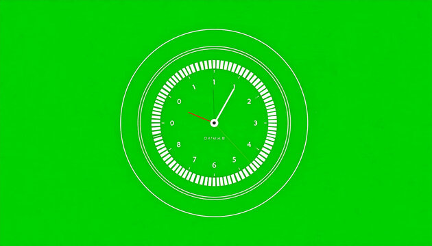 Modern Digital Clock Face with Glowing White Numbers and Hands on a Vibrant Green Screen Background for Easy Compositing