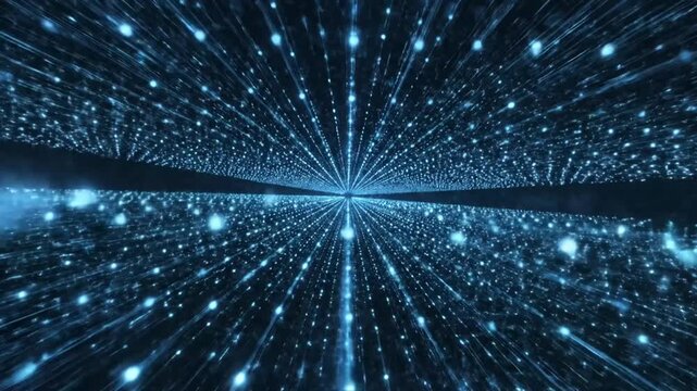 Blue abstract data stream with glowing particles and perspective lines.