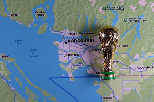 June 9, 2026, United States. The FIFA World Cup Gold Cup on the background of the Vancouver map.