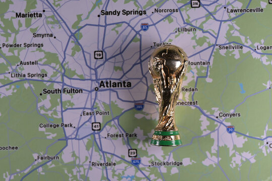 June 9, 2026, United States. FIFA World Cup Gold Cup on the background of the Atlanta map.