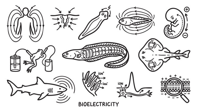 Bioelectricity, examples of electrical phenomena in living organisms, human, frog, eel, shark.