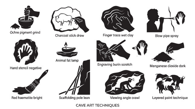 Cave art techniques and prehistoric painting methods icons.