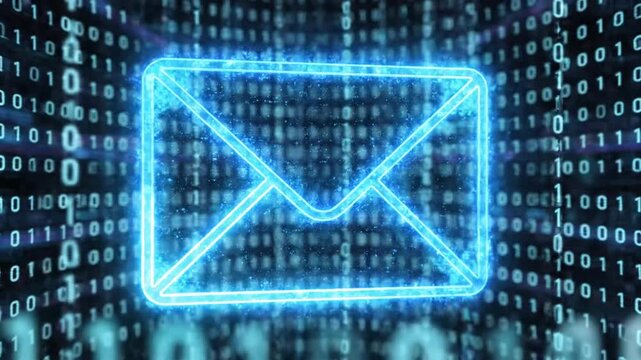 Blue digital envelope icon inside binary code cylinder.