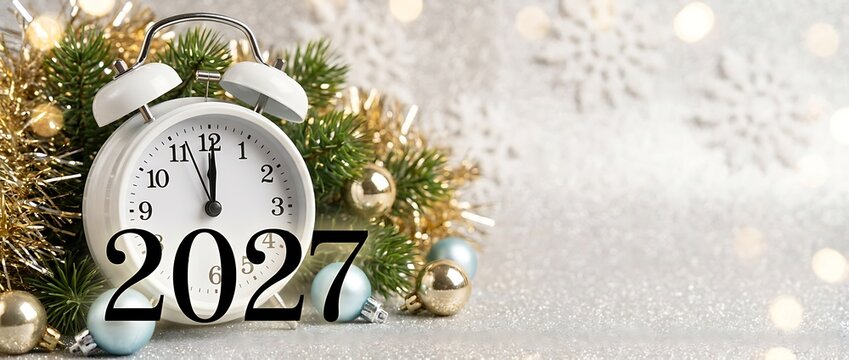 New year eve countdown clock showing almost midnight with 2027 numbers and festive decorations suggesting celebration and good wishes.