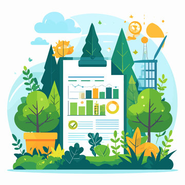 Ecological report with charts and graphs surrounded by lush green trees and plants.