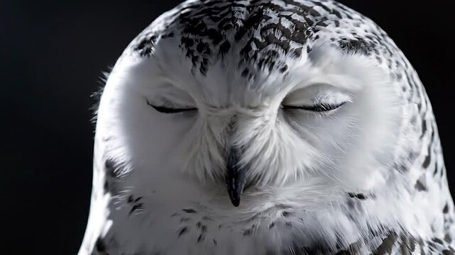 Extreme closeup of snowy owl Bubo scandiacus looking directly into camera with intense yellow eyes, detailed white and black spotted plumage, majestic nocturnal predator in studio low key cinematic