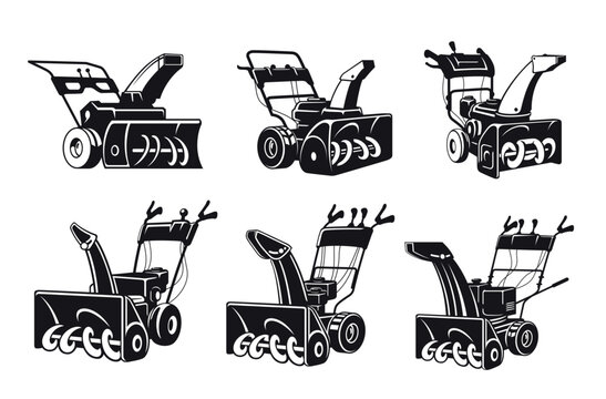 A set of snow blowers or snow removal machines on a white background. Winter equipment for clearing driveways and roads of snow. Portable road snow blower for cleaning