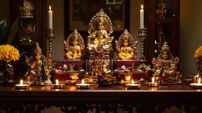 devotional. Gold-plated idols arranged on an altar with surrounding candles. event programs, museum guides, designed for cultural heritage projects and event programs.