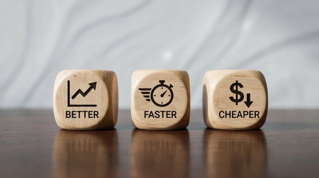 Three wooden dice with better faster cheaper business concepts