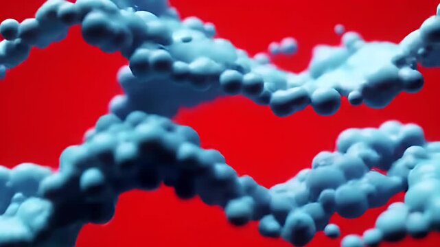 Abstract blue blobs float against a vibrant red background.