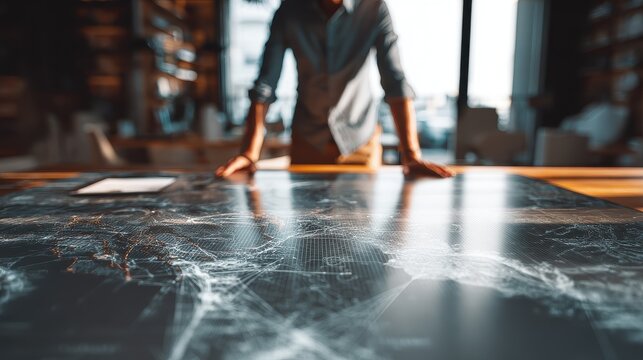 Software architect analyzing system maps, modern realism, soft shadows, high resolution photo style, innovation theme.