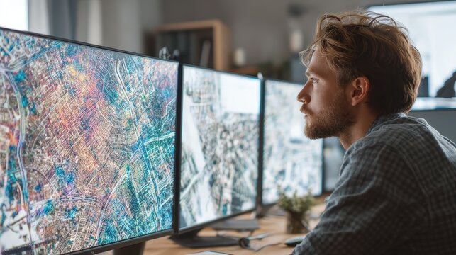 Software architect analyzing system maps, modern realism, soft shadows, high resolution photo style, innovation theme.