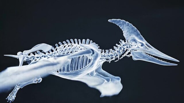 Futuristic X-ray scanning of Pteranodon longiceps skeleton, glowing blue medical radiograph of prehistoric pterosaur dinosaur bones, scientific paleontology visualization against dark background