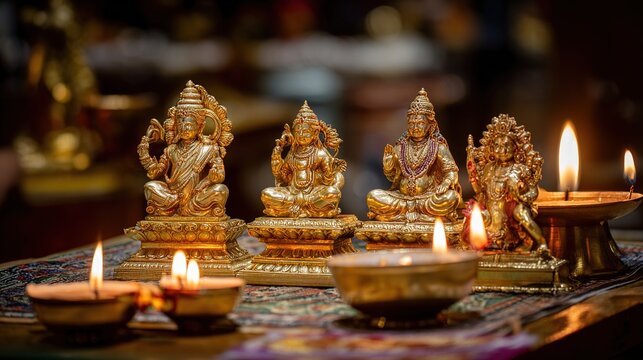 devotional. Gold-plated idols arranged on an altar with surrounding candles. event programs, museum guides, designed for cultural heritage projects and event programs.