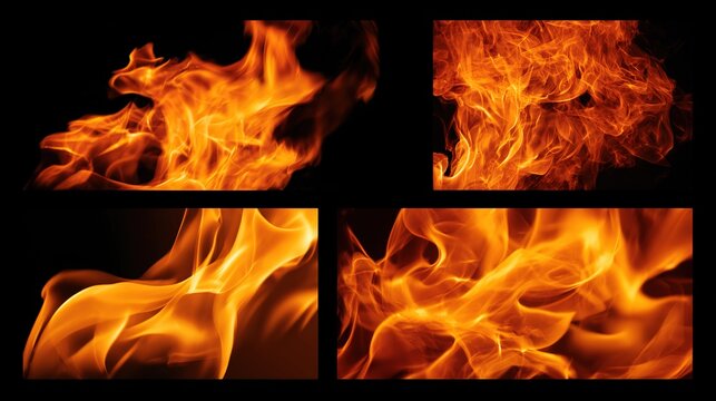 firefighting. Collection of flames isolated on black background with dramatic lighting effects, STEM education sheets, lab safety posters, designed for STEM education and laboratory safety posters.
