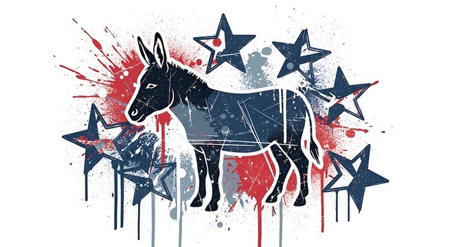 Watercolor illustration of a donkey silhouette with patriotic stars and splatter paint on a white background
