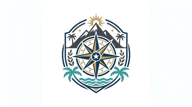 Compass Rose Emblem with Mountains and Palm Trees.