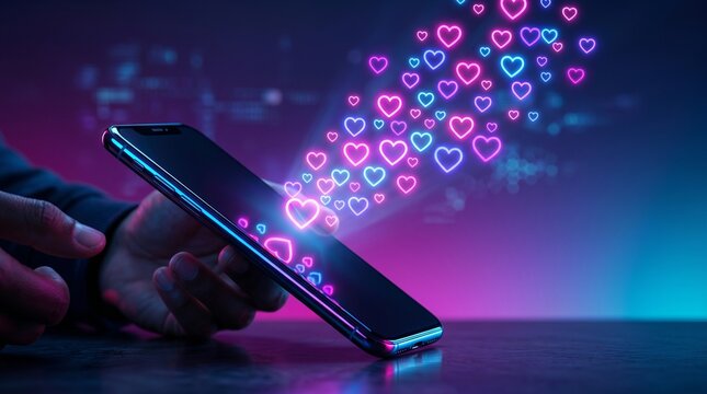 hand holding smartphone with neon glowing hearts streaming from screen