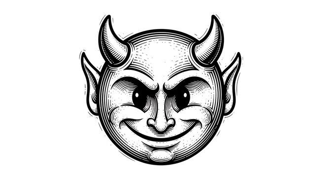 Hand drawn black and white devil face illustration with horns and mischievous smile