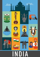 Obraz premium Vibrant India Cultural Heritage Vector Illustration Showcasing Traditional Landmarks and Symbols in a Detailed Flat Graphic Design Composition