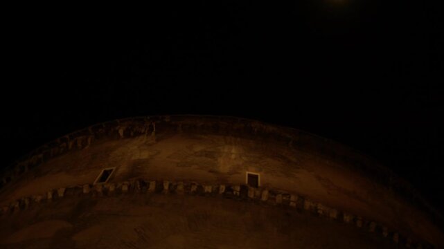 Close Architectural Detail of Pantheon Pediment Illuminated at Night in Rome Italy Ancient Roman Temple Shot with Cinema Camera