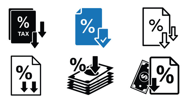 Lower Taxes Icon Set With Percentage Symbol And Downward Arrows