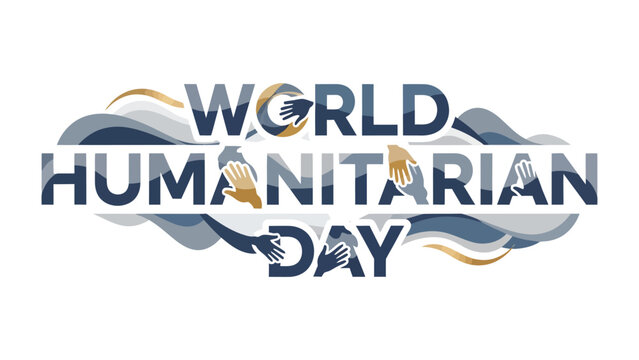 World Humanitarian Day Typography: A graphic representation of World Humanitarian Day featuring interlocking hands symbolizing unity and global support for humanitarian causes.