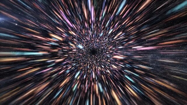 A visual representation of hyperdrive or warp speed through the cosmos, with streaks of light and stars.