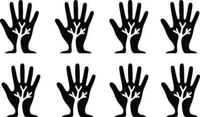 Fototapeta premium Black silhouette hands with white tree inside palm on white background