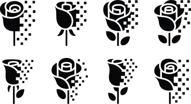 Black rose silhouettes with pixelated effects on white background