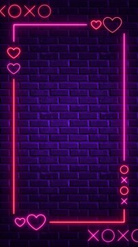 valentines day hearts and frame neon lights on brick wall animation,romantic love blank vertical social media motion background