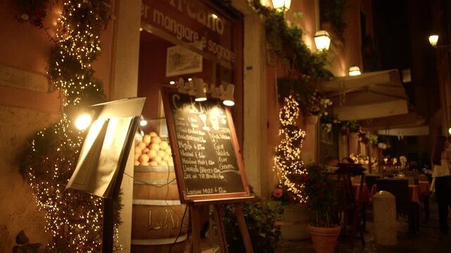 Restaurant Entrance and Illuminated Menu Board at Night in Rome Italy Dining and Travel Scene Shot with Cinema Camera