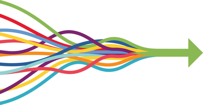 Abstract Colorful Tangled Lines Merging into One Arrow Vector Graphic for Business Simplification, Synergy, and Integration Concepts