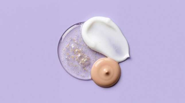 A combination swatch of transparent gel with gold particles white cream and liquid foundation on a solid purple background.