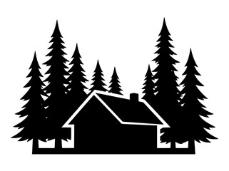 Obraz premium Silhouette of a small cabin nestled in a pine forest