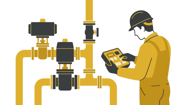 Industrial worker in yellow uniform checking pipeline system with tablet