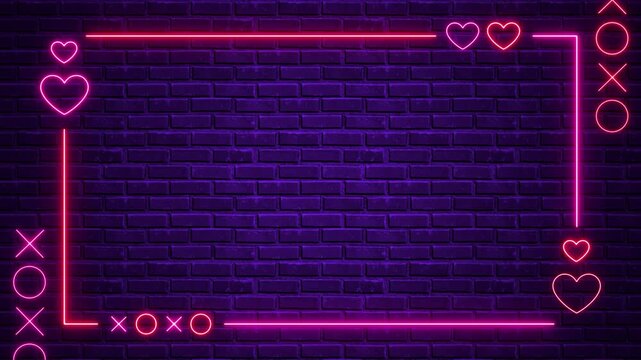 valentines day hearts and frame neon lights on brick wall animation,romantic love blank social media motion background